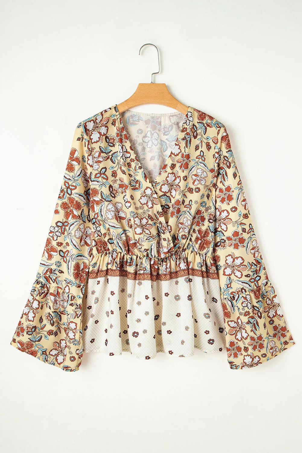 Yellow Floral V Neck Bell Sleeve Peplum Blouse