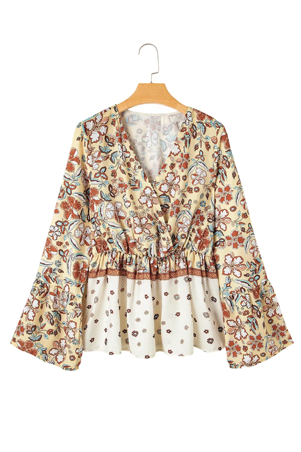 Yellow Floral V Neck Bell Sleeve Peplum Blouse