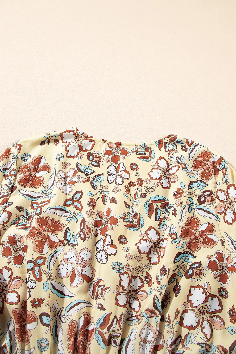 Yellow Floral V Neck Bell Sleeve Peplum Blouse