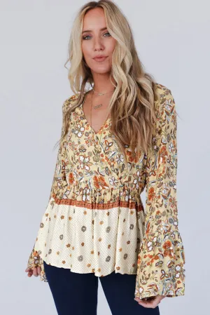 Yellow Floral V Neck Bell Sleeve Peplum Blouse