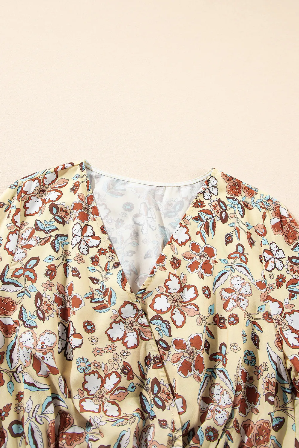 Yellow Floral V Neck Bell Sleeve Peplum Blouse