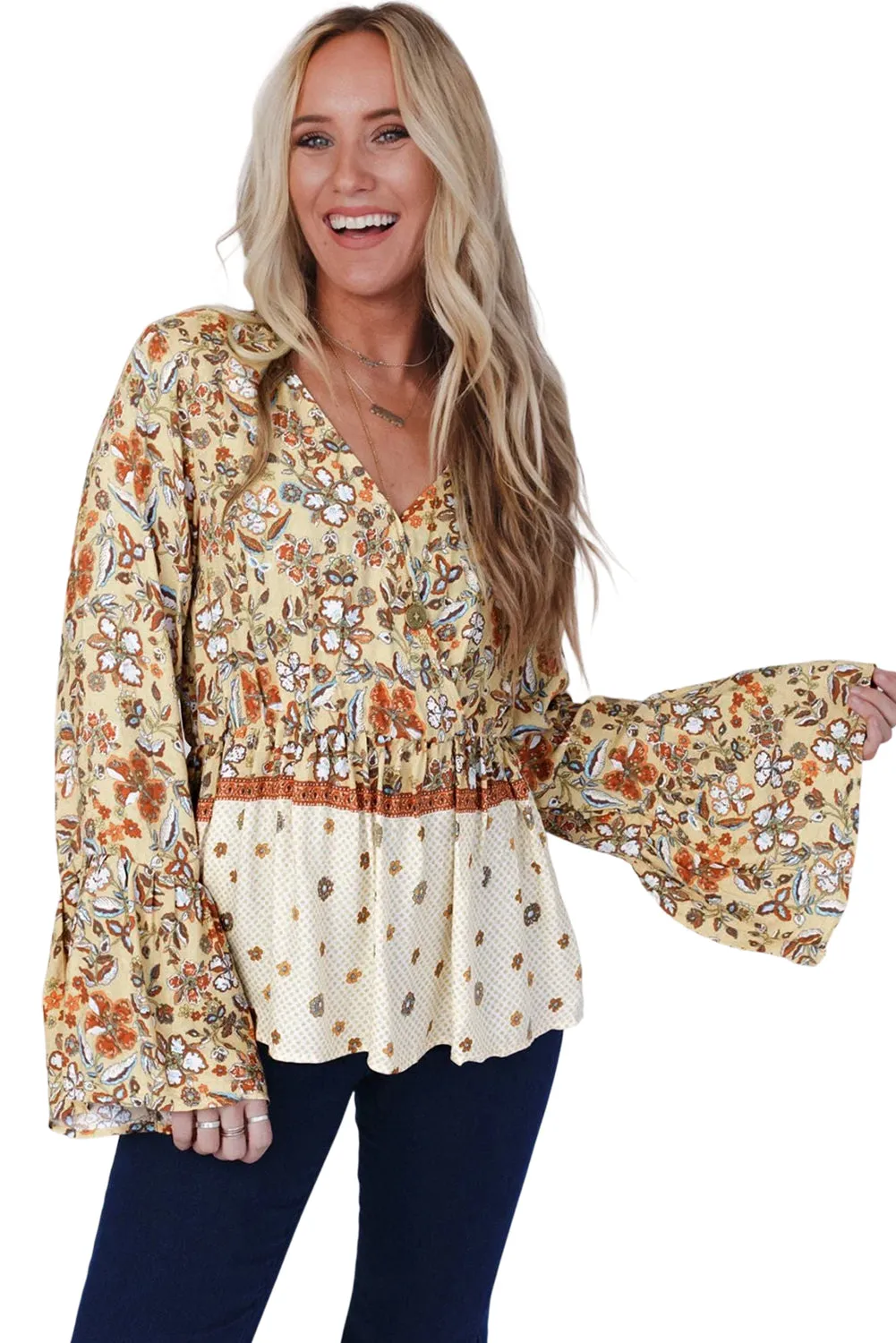 Yellow Floral V Neck Bell Sleeve Peplum Blouse