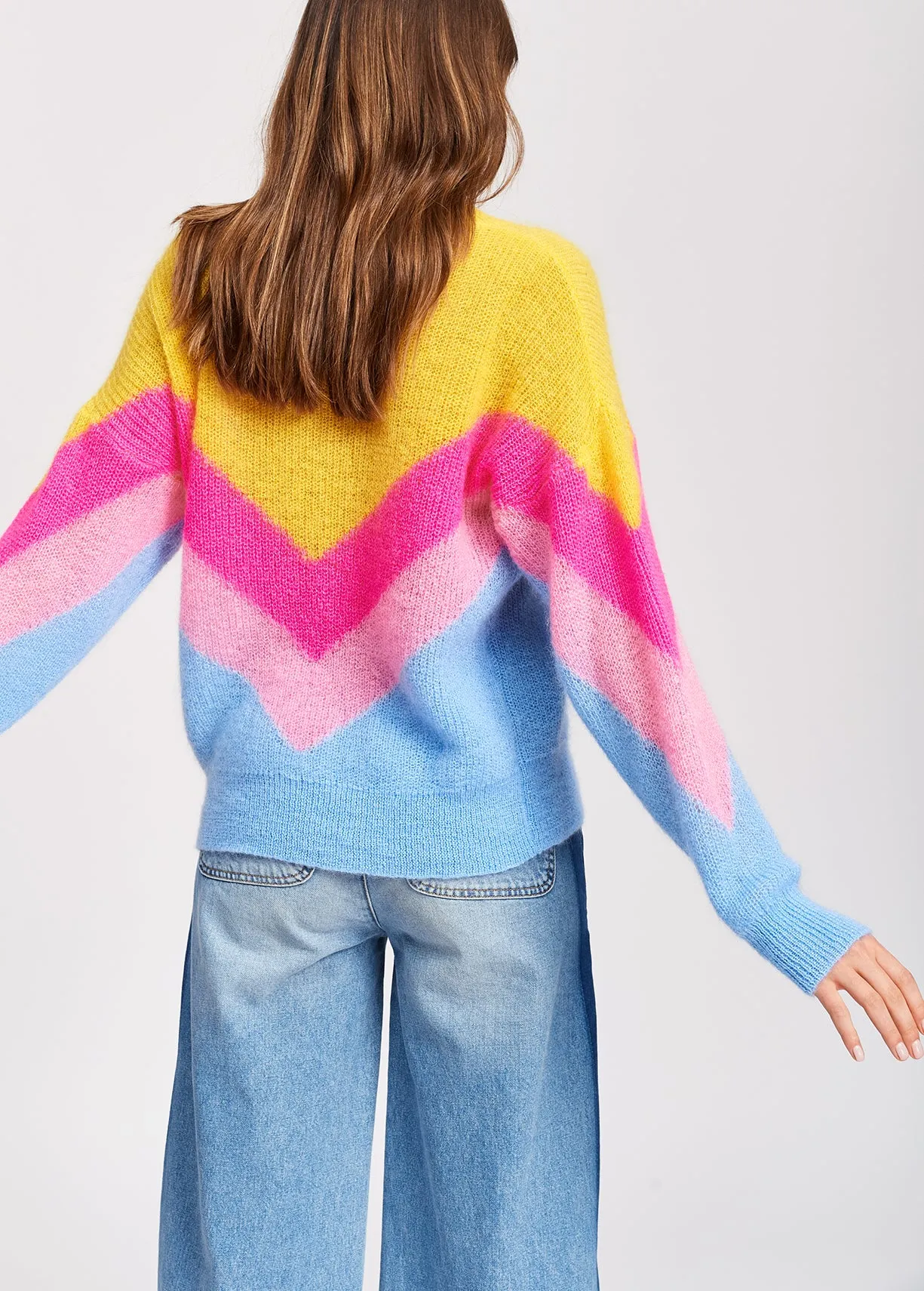 Yellow, pink and blue v pattern sweater