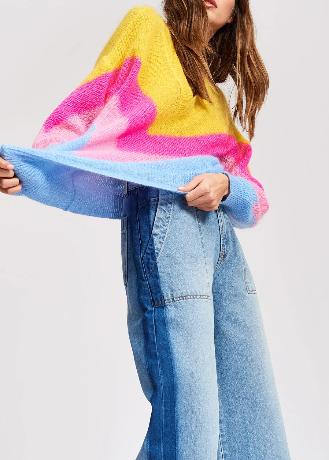 Yellow, pink and blue v pattern sweater