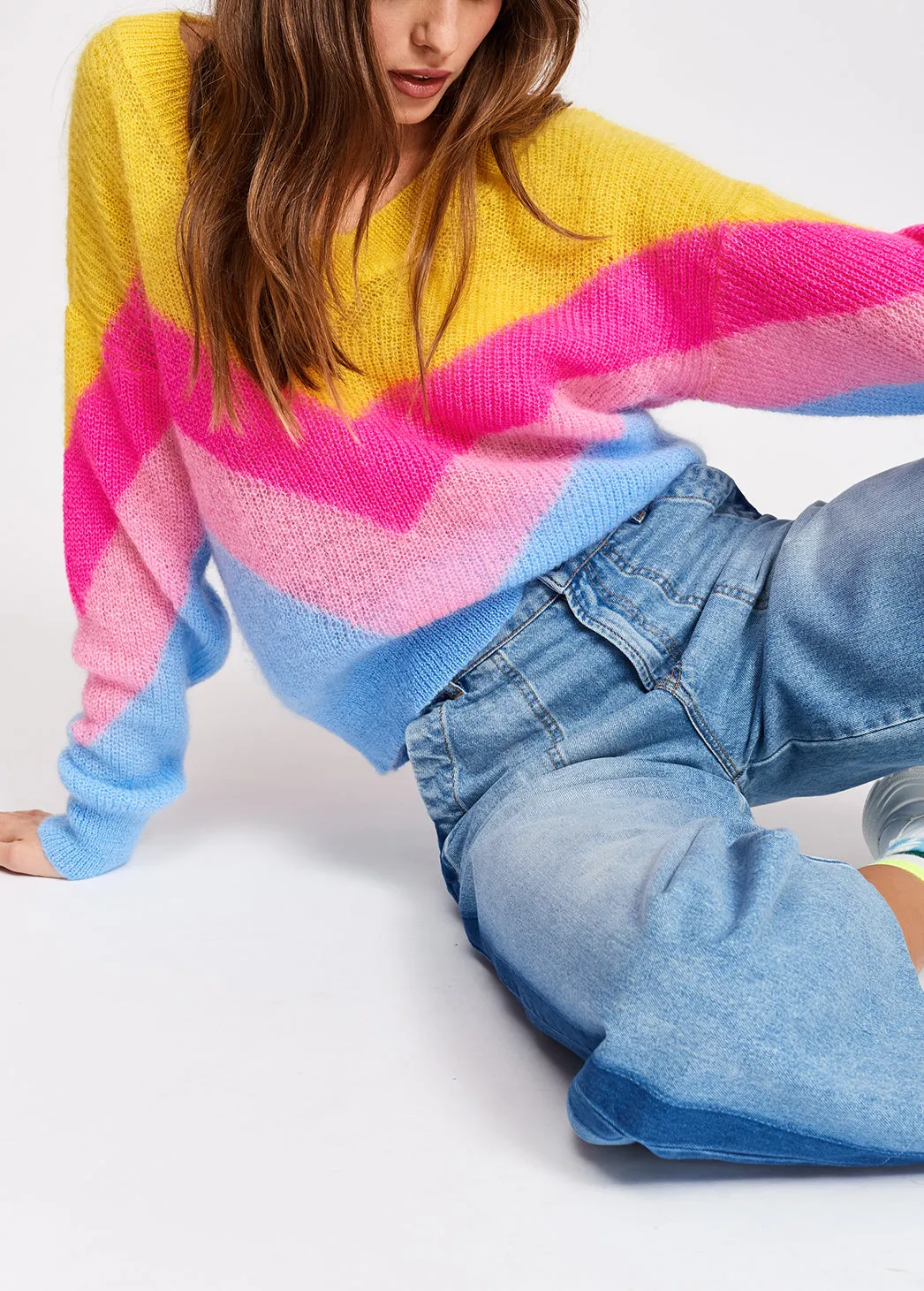 Yellow, pink and blue v pattern sweater