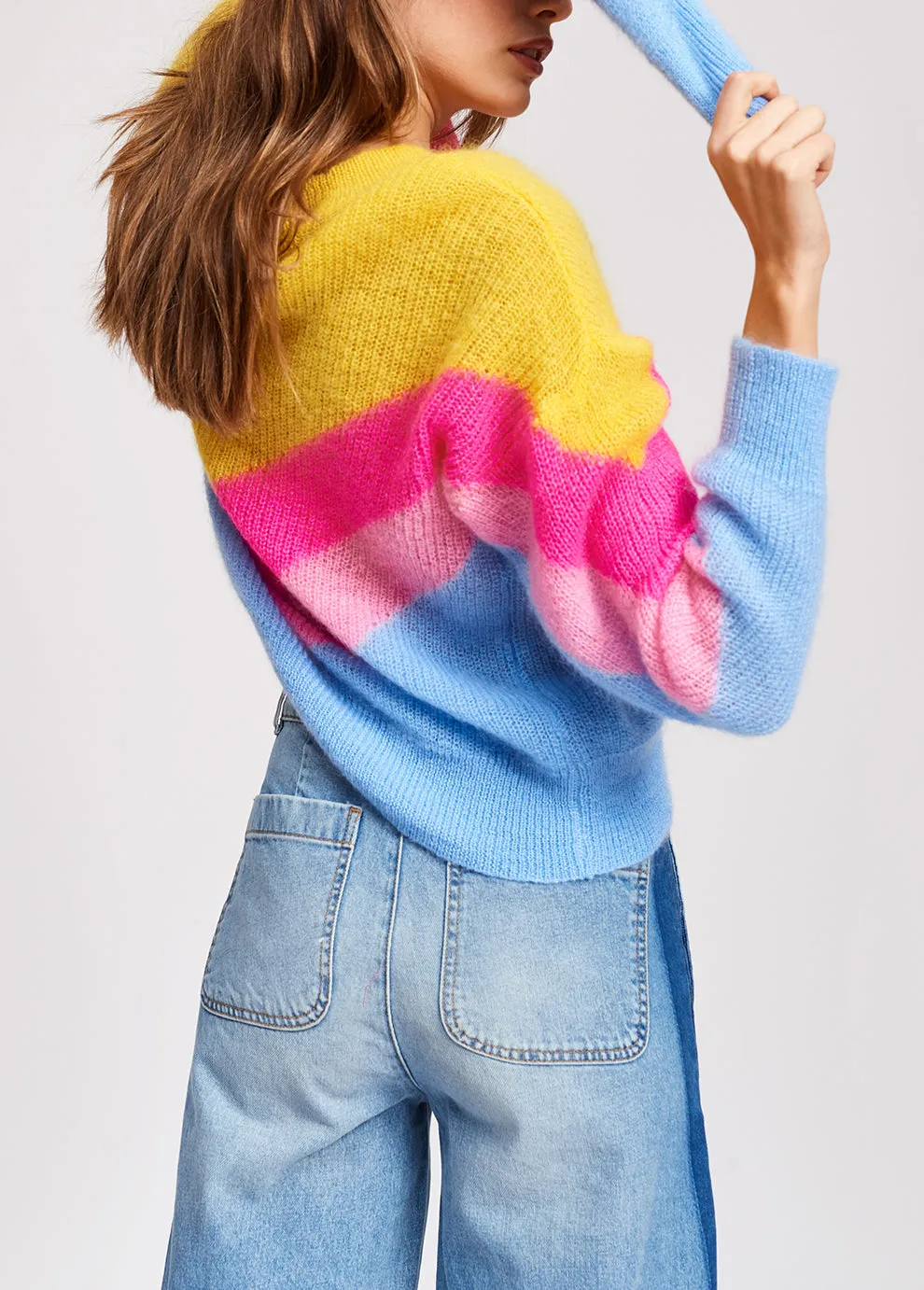 Yellow, pink and blue v pattern sweater