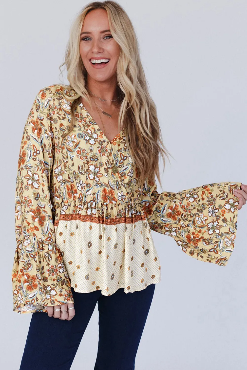 Yellow Printed Floral Bell Sleeve V-neck Wrapped Contrast Peplum Blouse