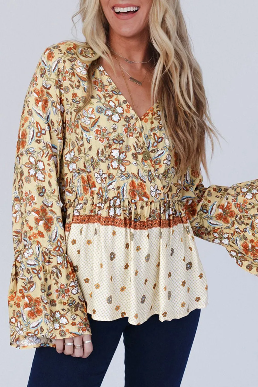 Yellow Printed Floral Bell Sleeve V-neck Wrapped Contrast Peplum Blouse
