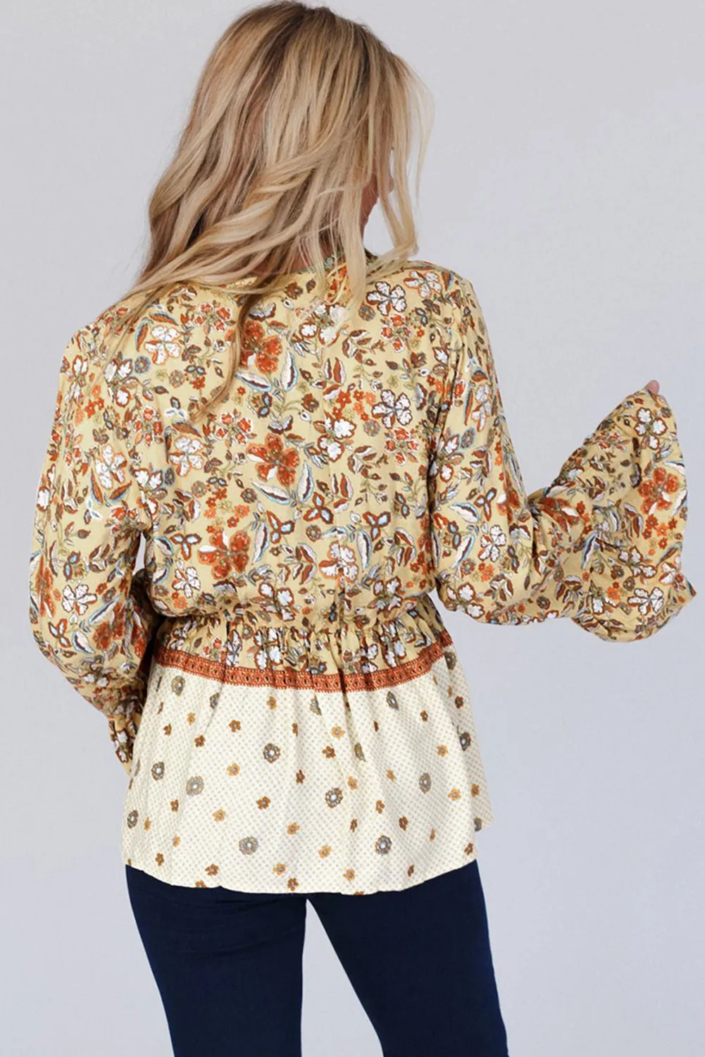 Yellow Printed Floral Bell Sleeve V-neck Wrapped Contrast Peplum Blouse
