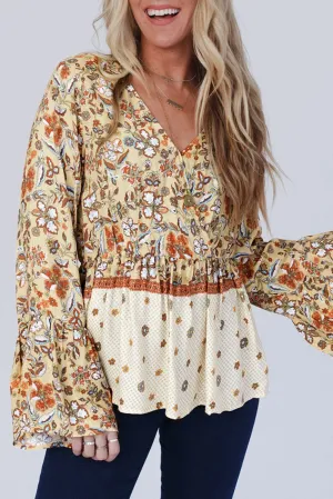 Yellow Printed Floral Bell Sleeve V-neck Wrapped Contrast Peplum Blouse