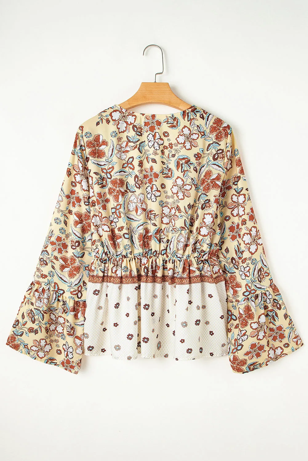 Yellow Printed Floral Bell Sleeve V-neck Wrapped Contrast Peplum Blouse