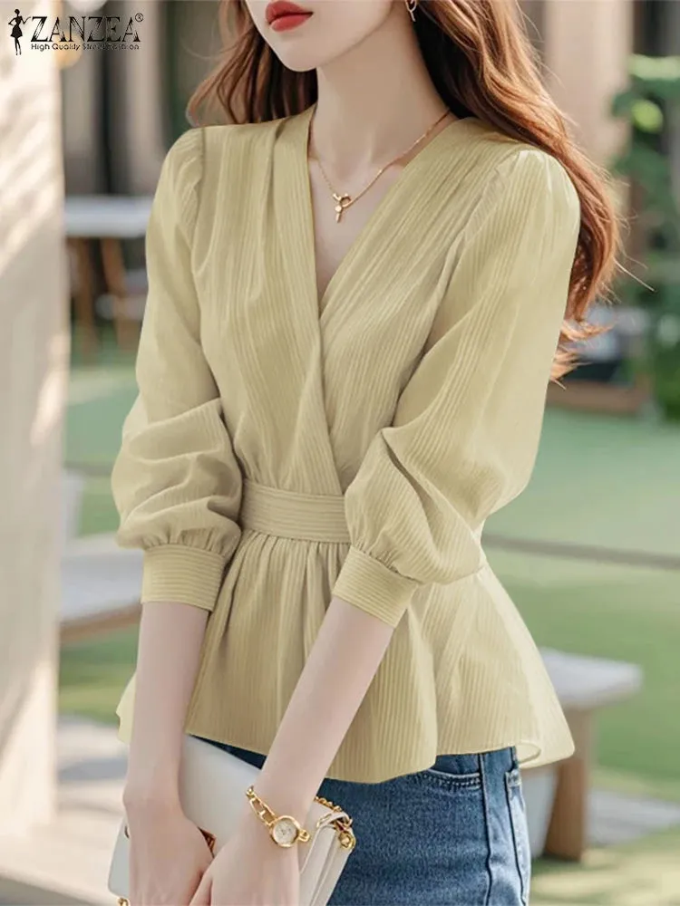 ZANZEA Elegant Wrapped V Neck Blouses Women Trendy Waist-Cinched Lantern Sleeve Striped Blusas Mujer Korean Style Tunic Tops