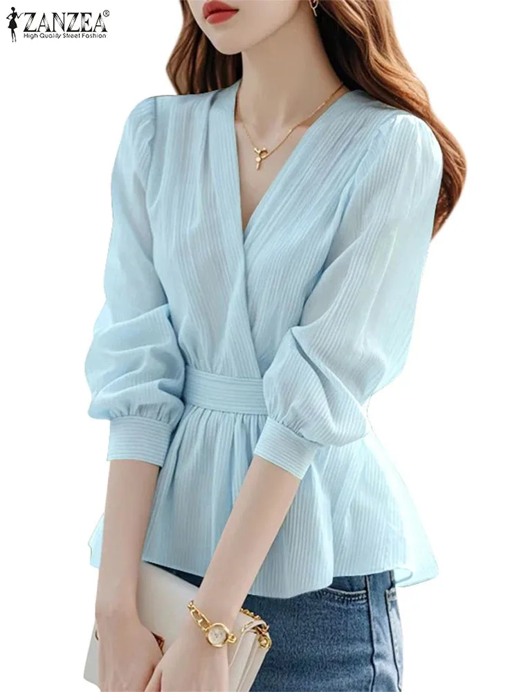 ZANZEA Elegant Wrapped V Neck Blouses Women Trendy Waist-Cinched Lantern Sleeve Striped Blusas Mujer Korean Style Tunic Tops