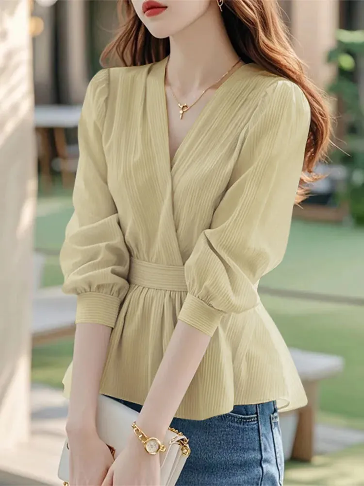 ZANZEA Elegant Wrapped V Neck Blouses Women Trendy Waist-Cinched Lantern Sleeve Striped Blusas Mujer Korean Style Tunic Tops