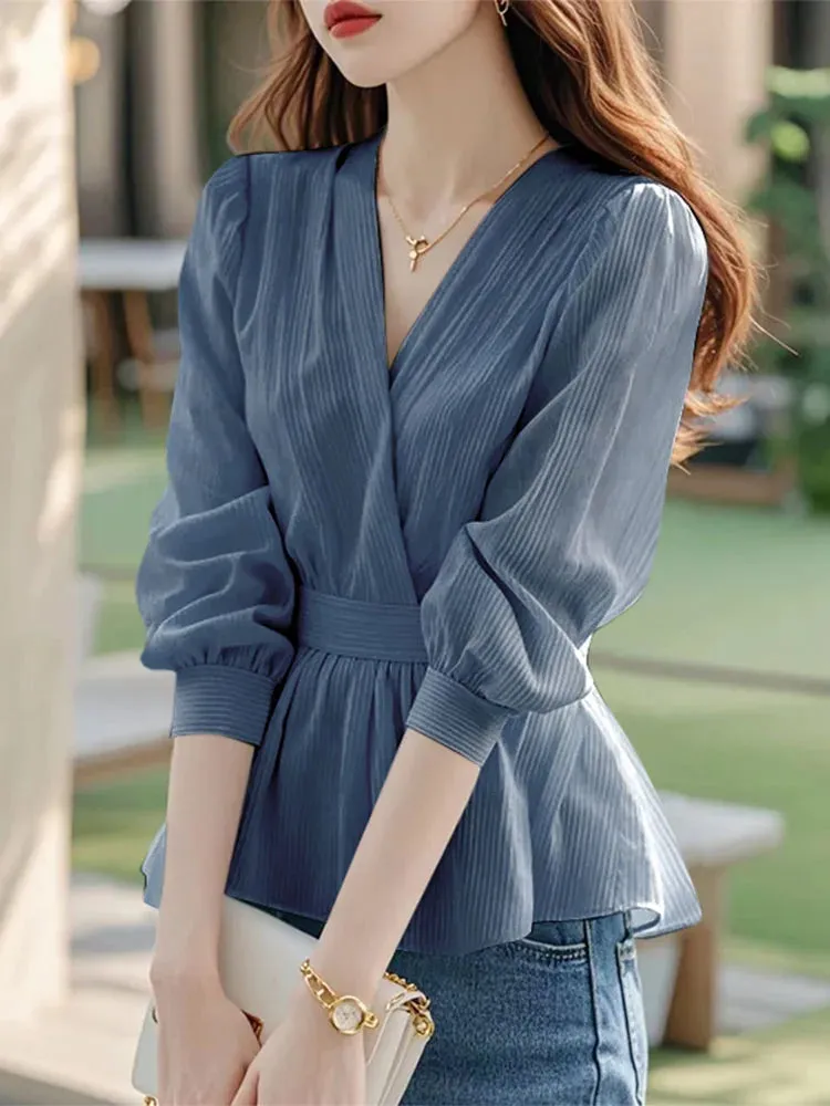 ZANZEA Elegant Wrapped V Neck Blouses Women Trendy Waist-Cinched Lantern Sleeve Striped Blusas Mujer Korean Style Tunic Tops