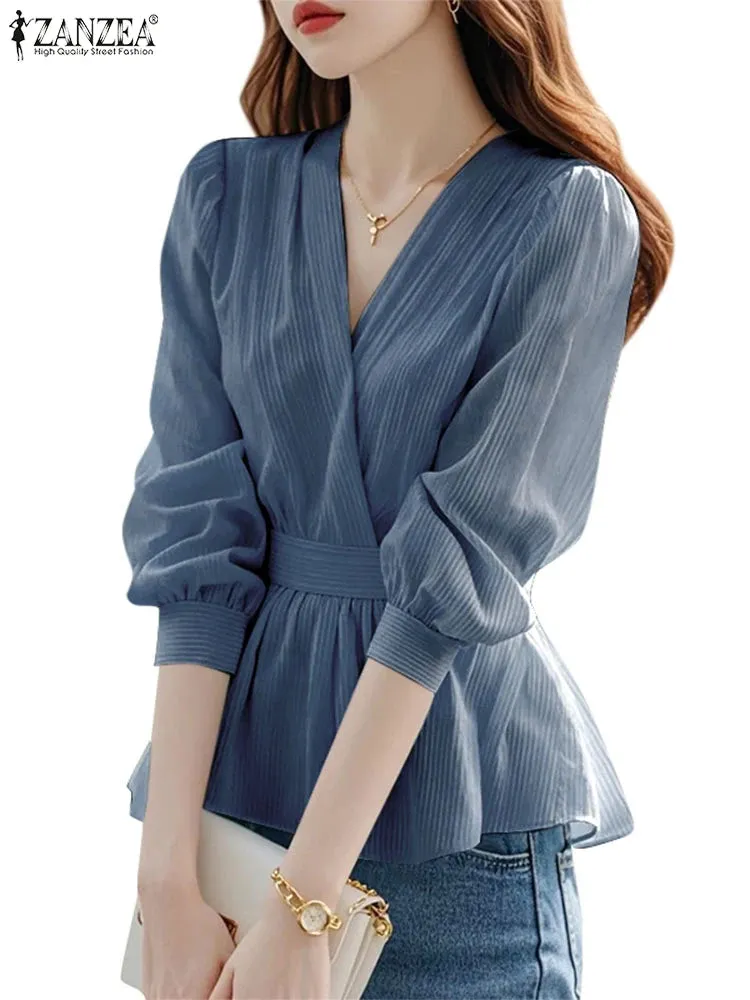 ZANZEA Elegant Wrapped V Neck Blouses Women Trendy Waist-Cinched Lantern Sleeve Striped Blusas Mujer Korean Style Tunic Tops